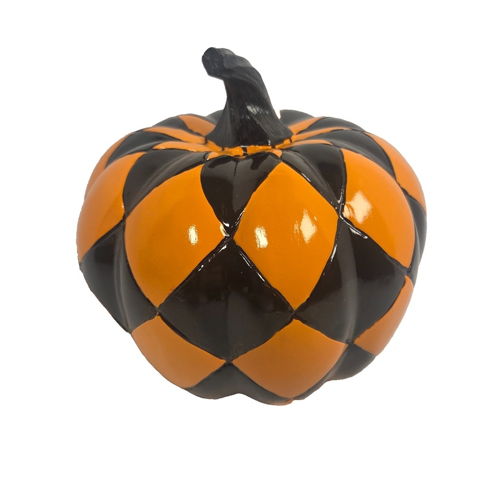 Harlequin Pumpkin Figurine Black Orange Checkered Halloween Fall Decor 8 In - Picture 5 of 5